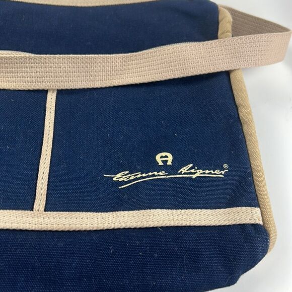 Vintage Etienne Aigner blue Large Shoulder Bag Canvas Tan - Picture 8 of 11
